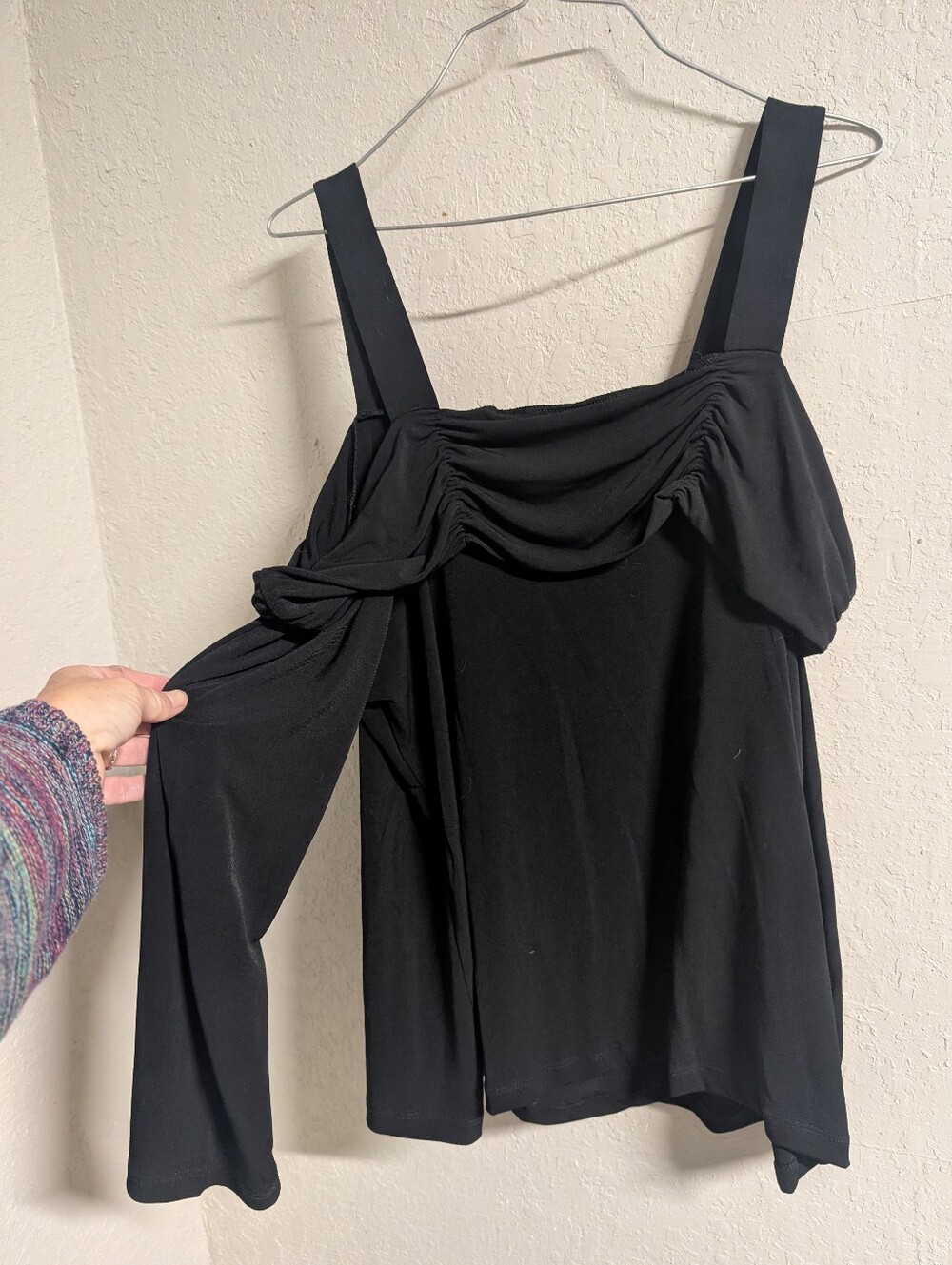 Susan Graver Black Off-Shoulder Ruched Long Sleeve Top M Mod Indie Office